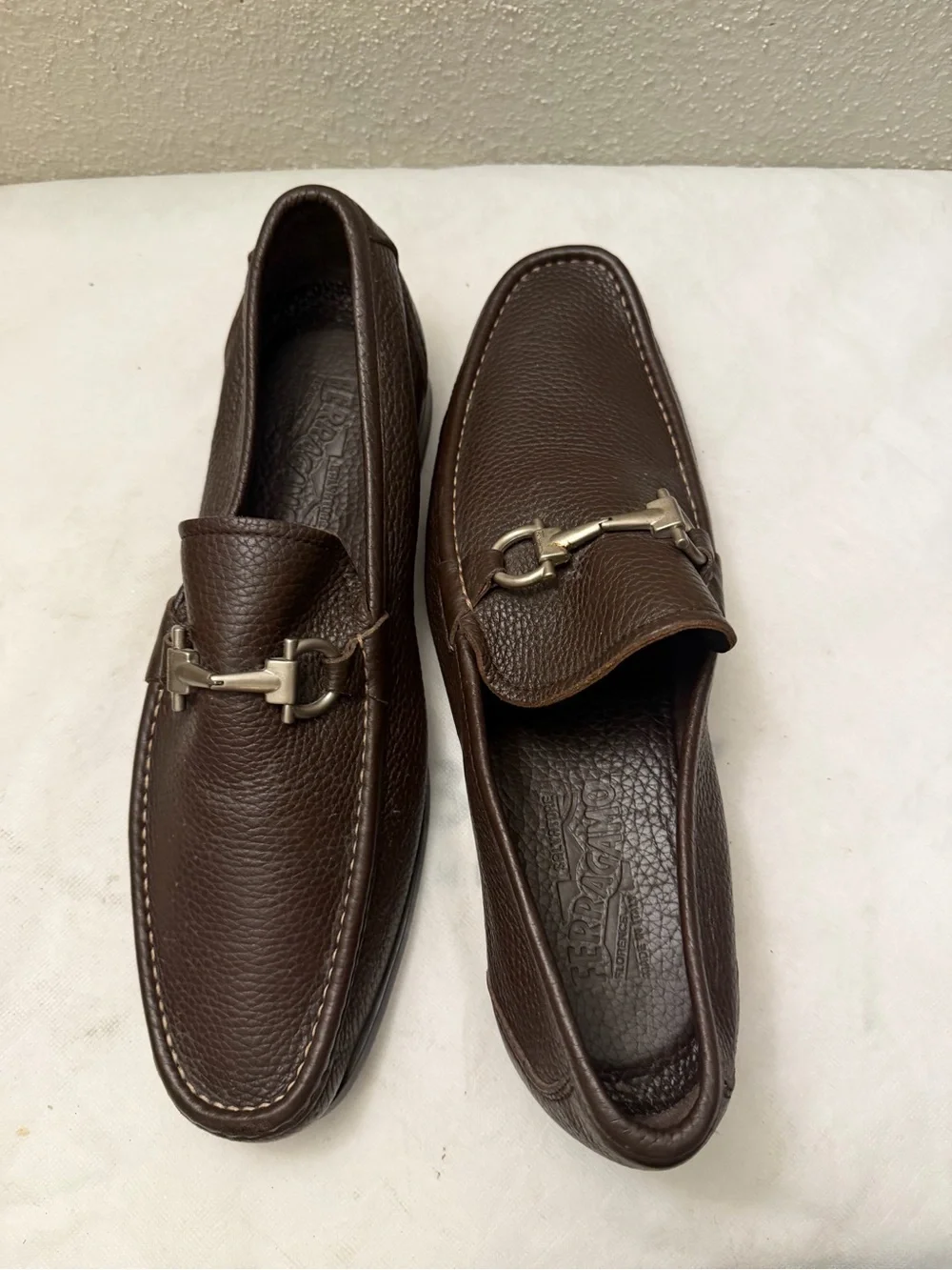 Salvatore Ferragamo Dark Brown Pebbled Leather Bit Loafers, pre-owned,SZ10.5